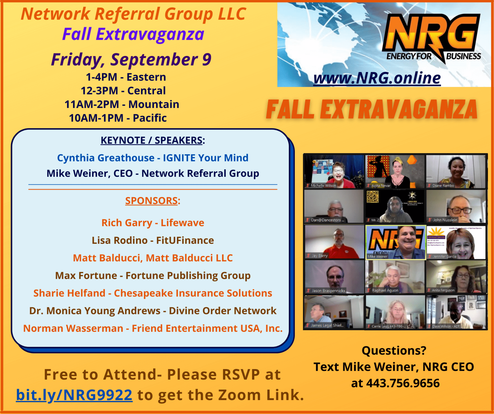 NRG Fall Extravaganza, 9/9/22 1-4PM EST / 10AM-1PM PST